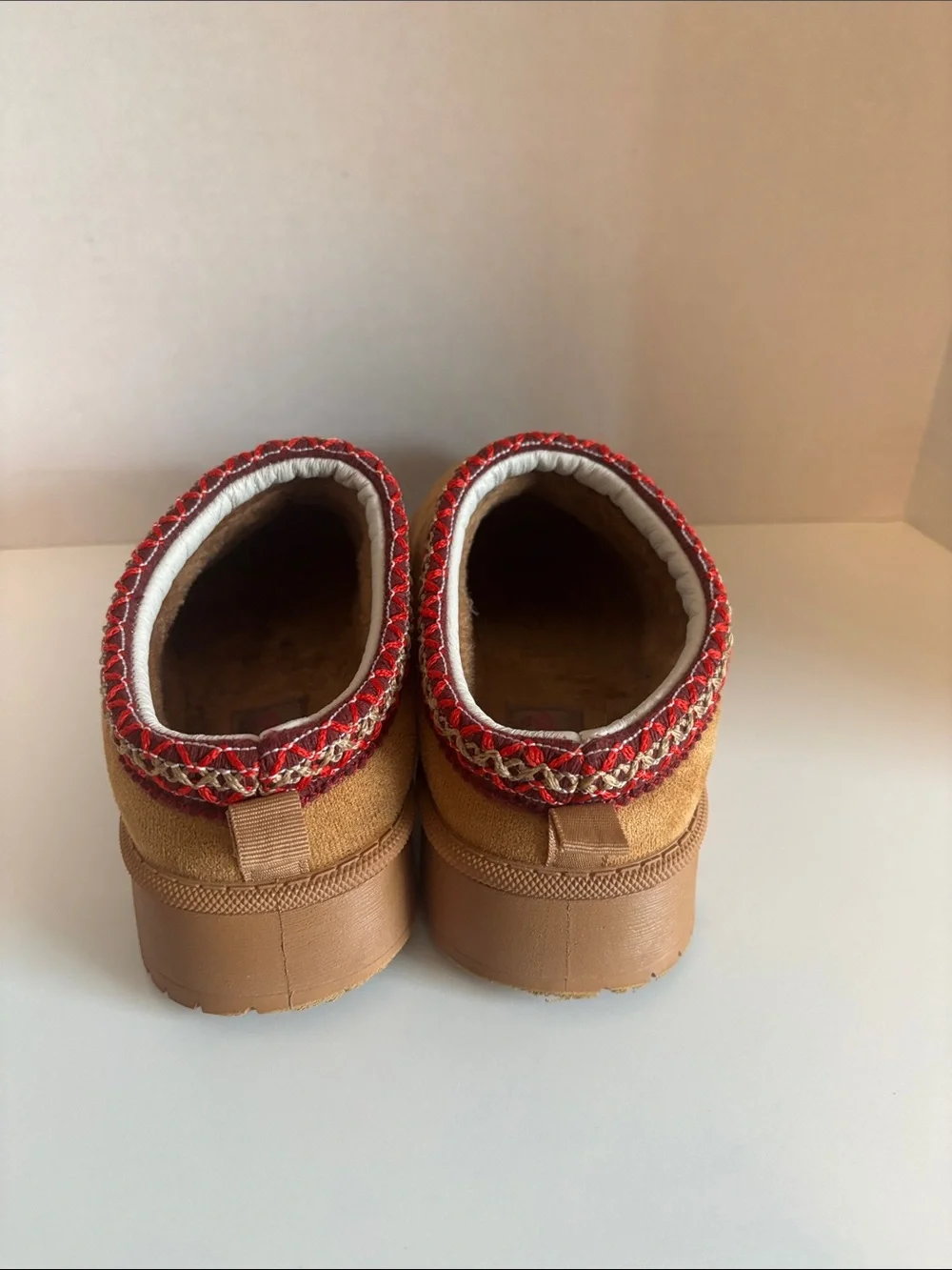 Jellypop Tan Suede Kids Slip-On Slippers with Red Trim